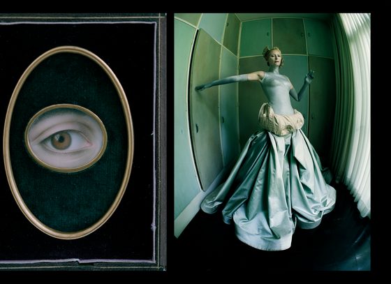 On a black, horizontal image, two vertical images are placed. One is a detailed miniature portrait of an eye, with a slim oval, gold frame around it. On the left in a fish-eye optical effect stands actor Tilda Swinton in an elaborately-designed dress.