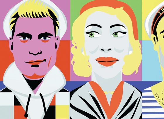 In a colourful illustration, various film characters are depicted in a slightly caricatured style