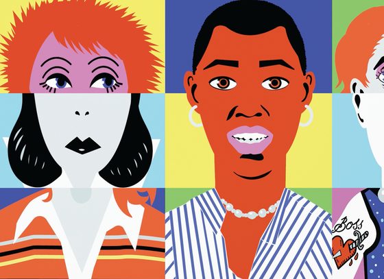 Various film characters are depicted in a colourful illustration. The figures are always made up of three parts, of eyes, mouth and body, all characters are a mix of different properties.