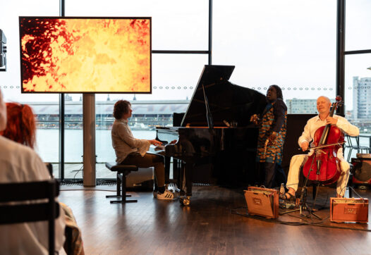 Ernst Reijseger speelt cello in Eye Filmmuseum