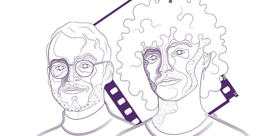 Een lijntekening van Owen en Alexander, op de achtergrond een filmstrip
