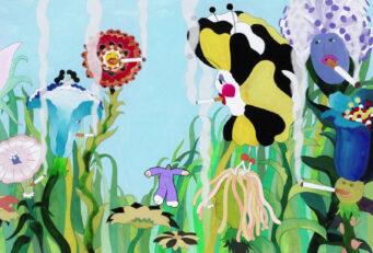 In een getekend landschap roken felgekleurde bloemen sigaretten met grote rookwolken, een klein menselijk figuur in een paars pak springt vanaf een bloem de lucht in